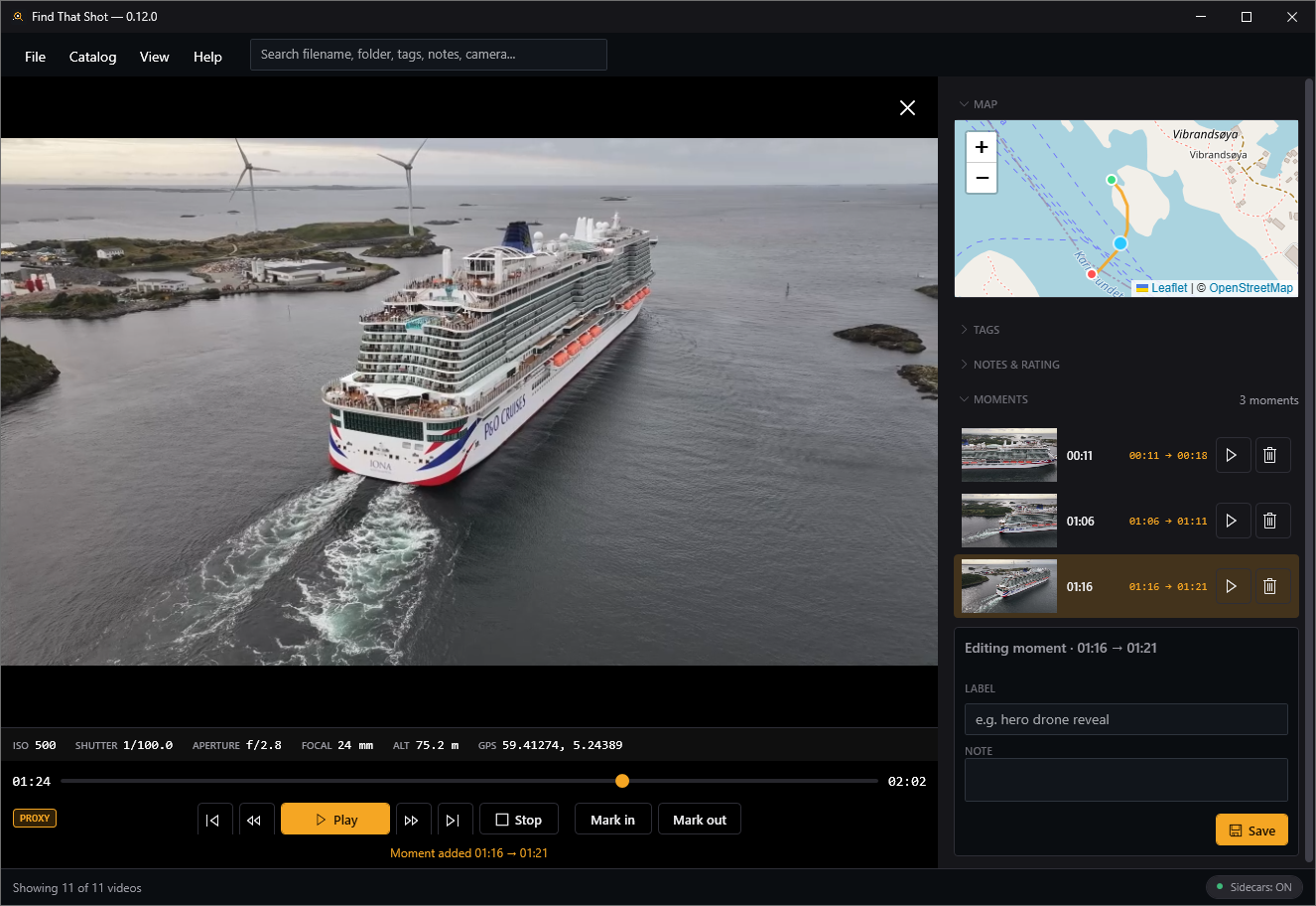 Find That Shot review mode — a drone clip playing with a live telemetry strip (ISO, shutter, aperture, focal length, altitude, GPS), the flight path drawn on the sidebar map, and a list of captured moments.