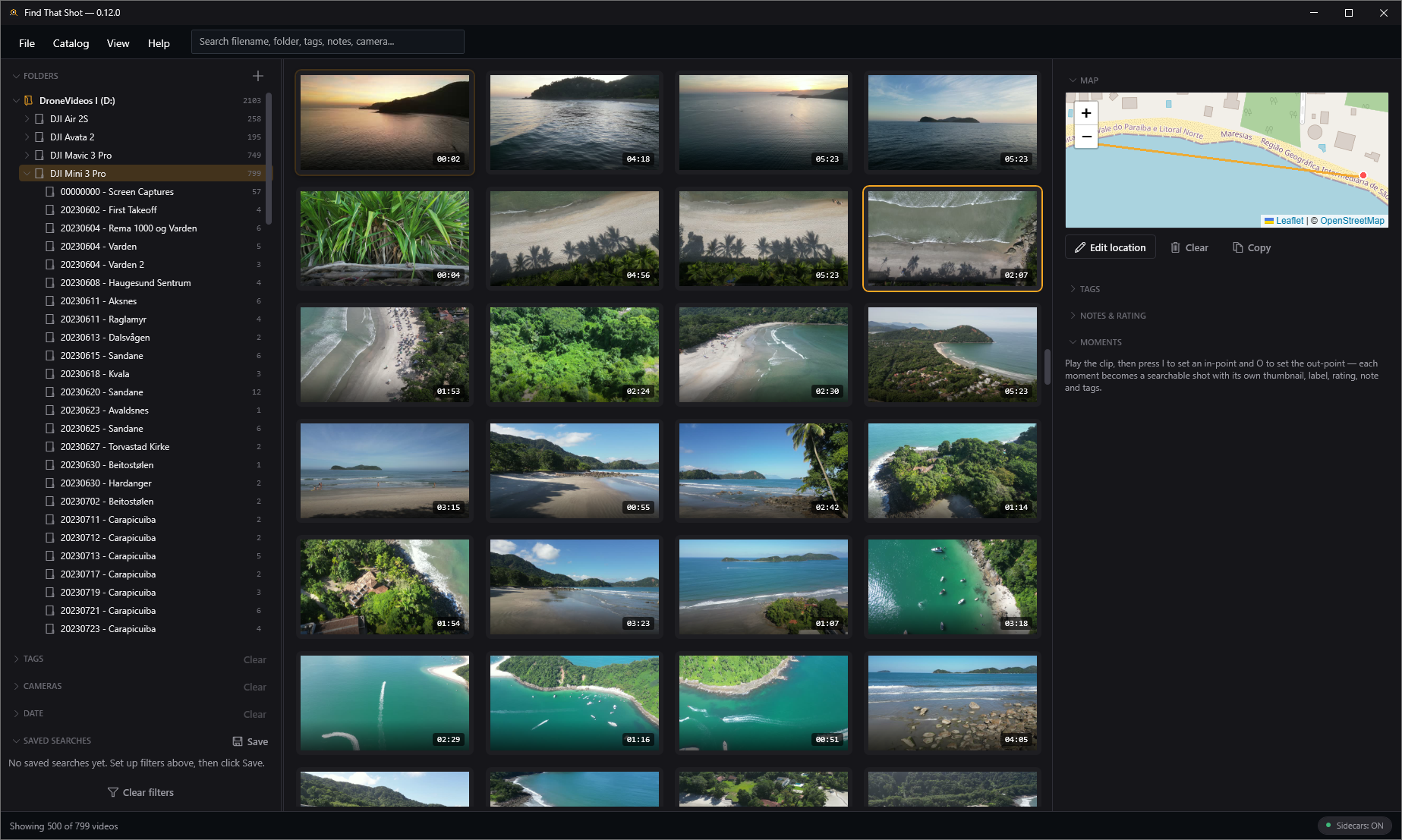 Find That Shot main window — a grid of drone clip thumbnails with a folders sidebar and a location map in the detail panel.